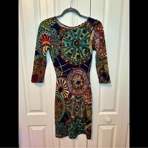 Event/ Multicolored knee-length sheath dress with 3/4 sleeves for cocktail (S)